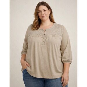 Lucky Brand Womens Plus 2X Tan Embroidered Henley Blouse 3/4 Sleeve Cotton Top